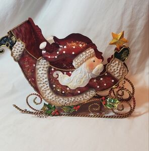 Red Tin Fabricated Metal Christmas Sleigh Santa Claus Holly Berry Star